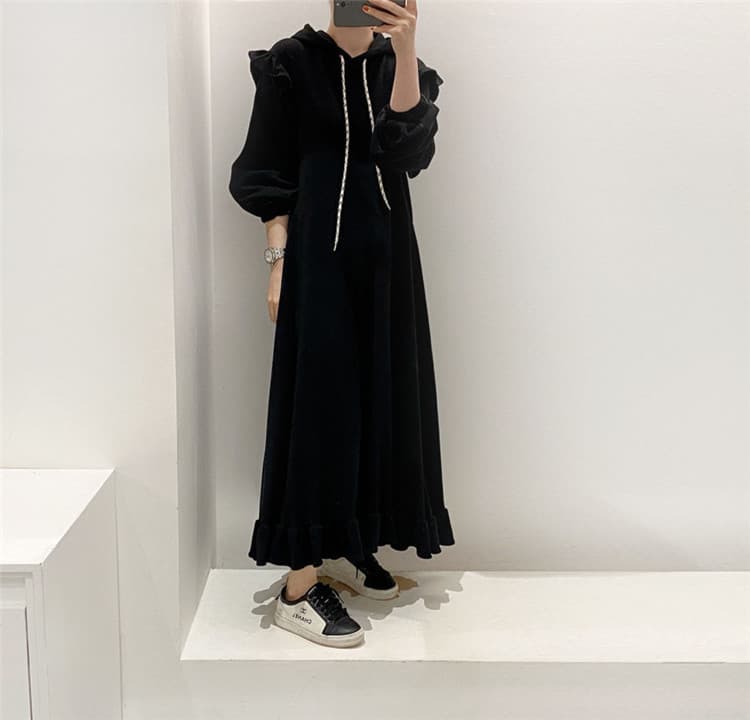 きれいめカジュアル 厚手フード付きパーカーワンピース ゆったりロング丈