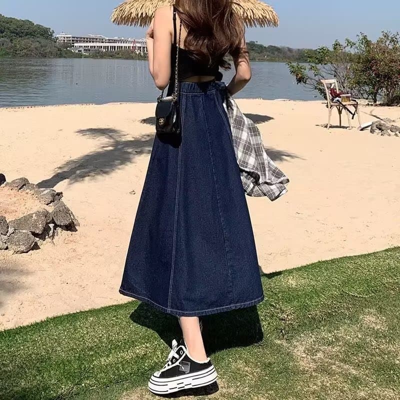 きれいめカジュアル デニム素材ステッチデザインロング丈フレアスカート