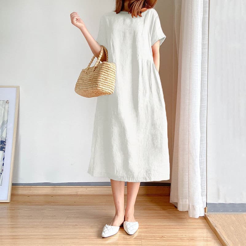 きれいめカジュアル リネン混ゆったりボートネック半袖ワンピース