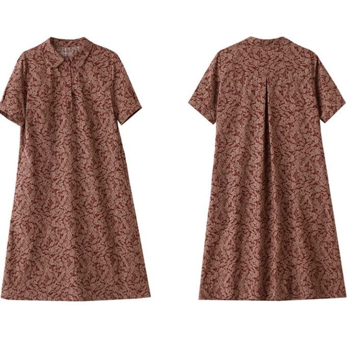 きれいめカジュアル 花柄レース刺繍半袖襟付き膝丈ワンピース