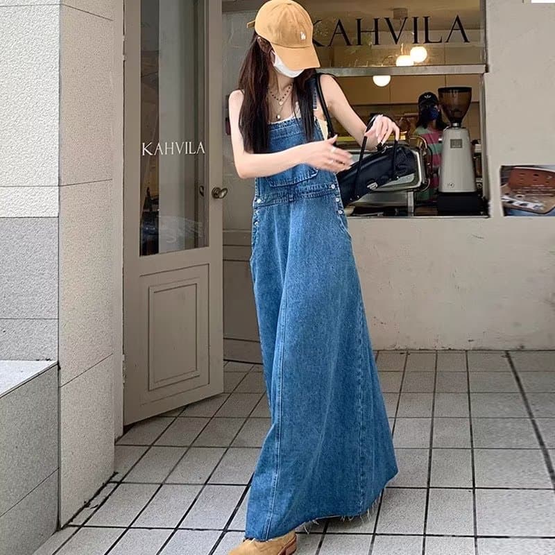 きれいめカジュアル サロペット風ロング丈デニムワンピース