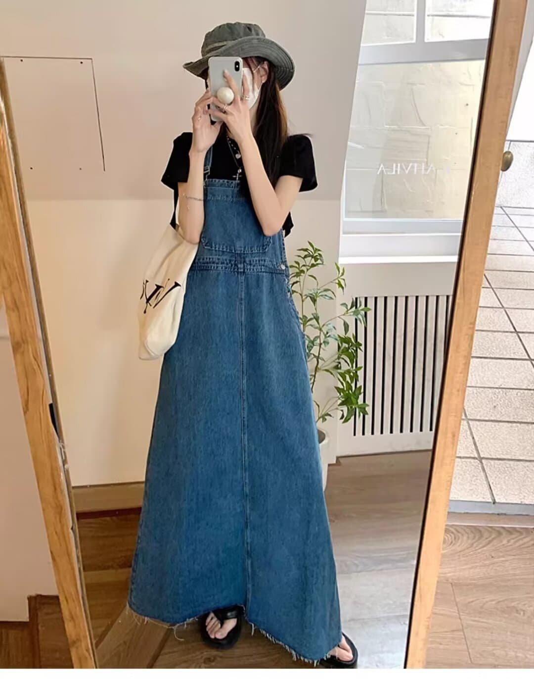 きれいめカジュアル デニムサロペットロングワンピース