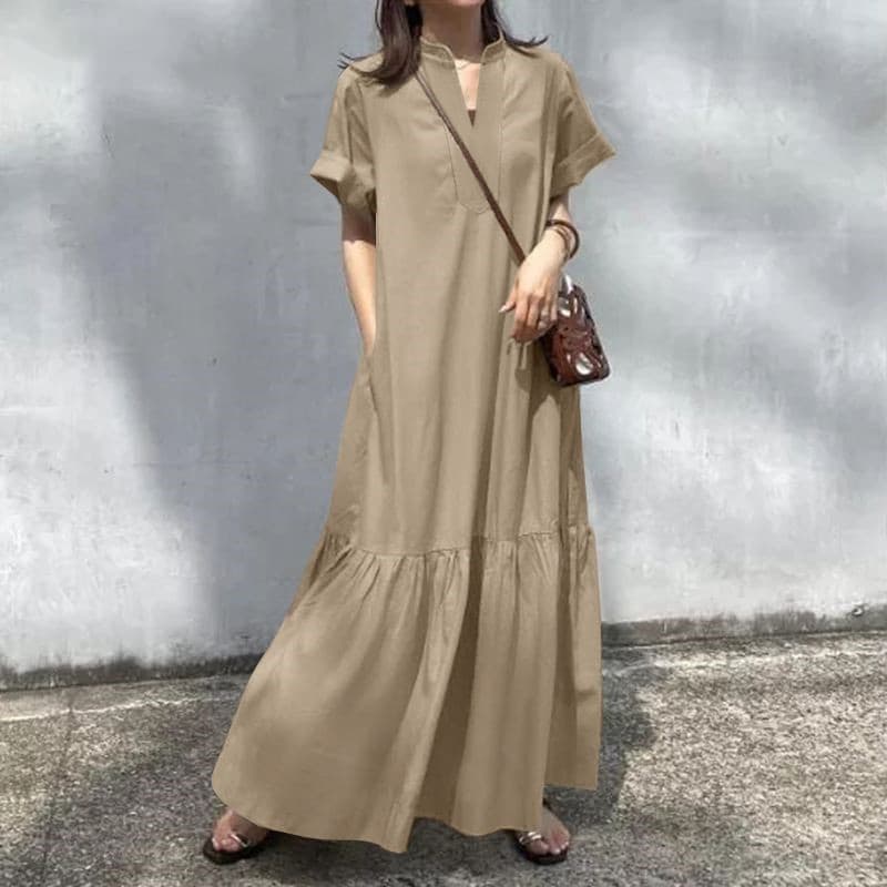 きれいめカジュアル スキッパーネック裾ティアード半袖ロングワンピース
