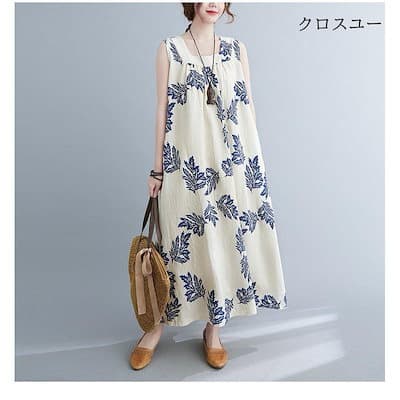 きれいめカジュアル 葉柄綿麻ノースリーブワンピース