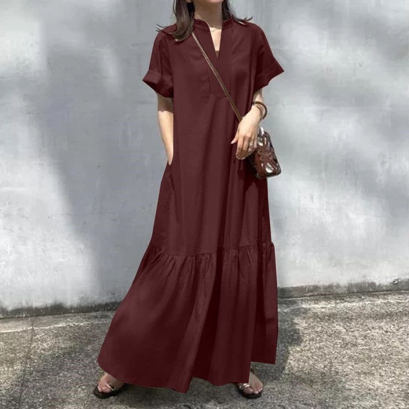 きれいめカジュアル スキッパーネック裾ティアード半袖ロングワンピース