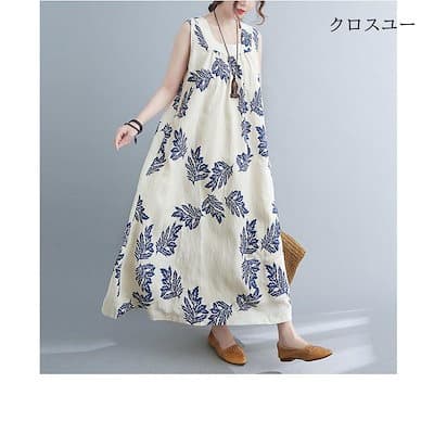 きれいめカジュアル 葉柄綿麻ノースリーブワンピース