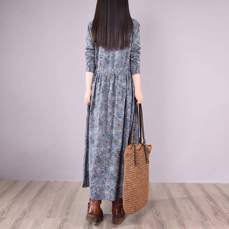 きれいめカジュアル 小花柄長袖ウエストリボン付きロング丈ワンピース