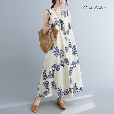 きれいめカジュアル 葉柄綿麻ノースリーブワンピース