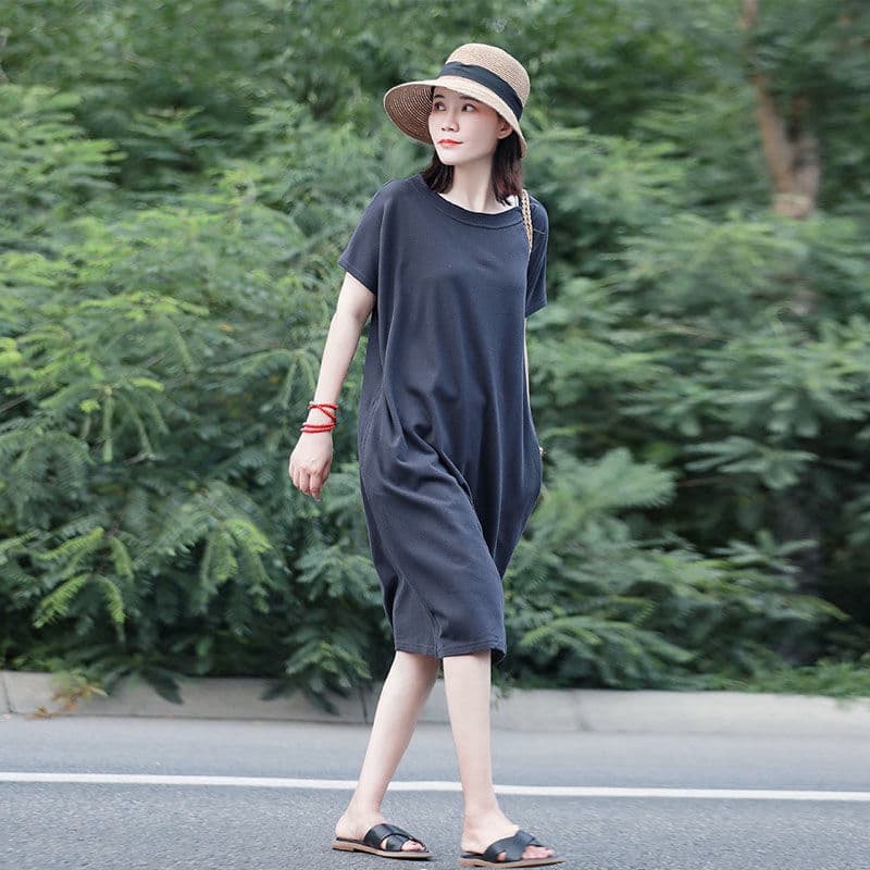 きれいめカジュアル ゆったりシルエット半袖ミディ丈ワンピース