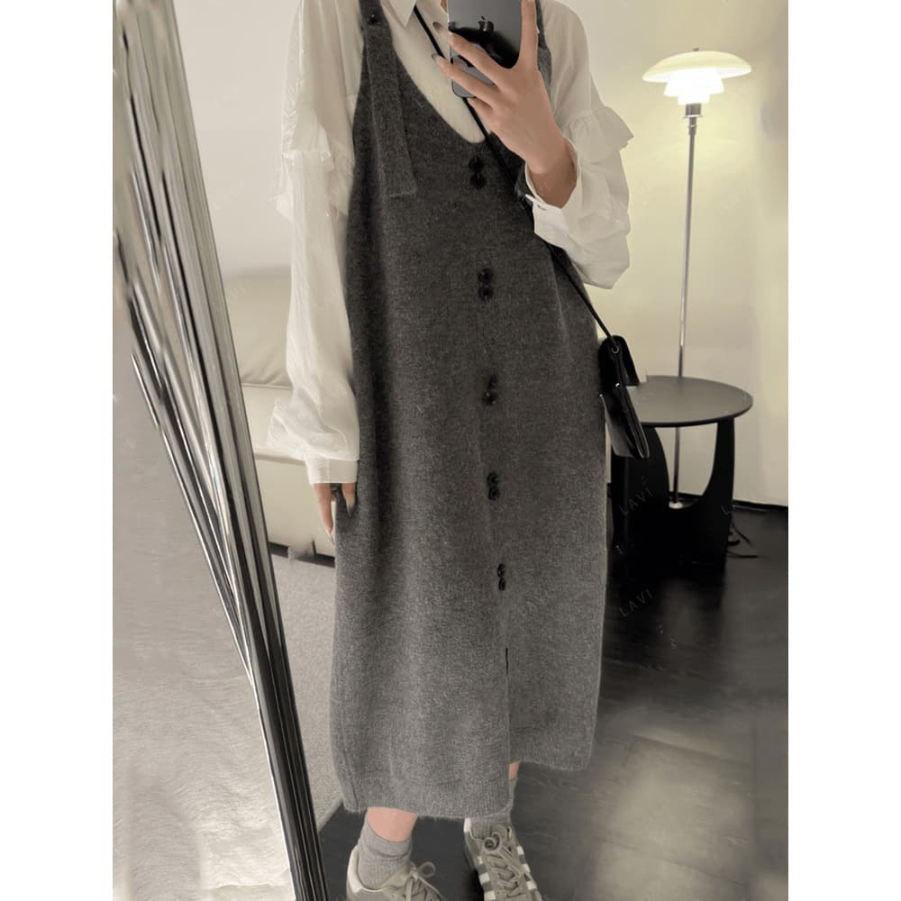 きれいめカジュアル 秋冬きれいめサロペットワンピース長袖重ね着風グレー