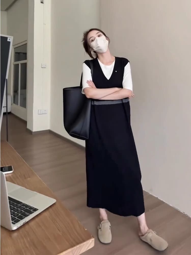 きれいめカジュアル ベスト重ね着風半袖ロング丈ワンピース