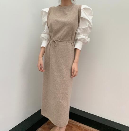 きれいめカジュアル レイヤード風長袖ワンピース ロング丈ニットベスト重ね着風