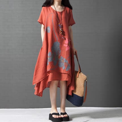 きれいめカジュアル 水彩花柄プリント裾変形ゆったりワンピース