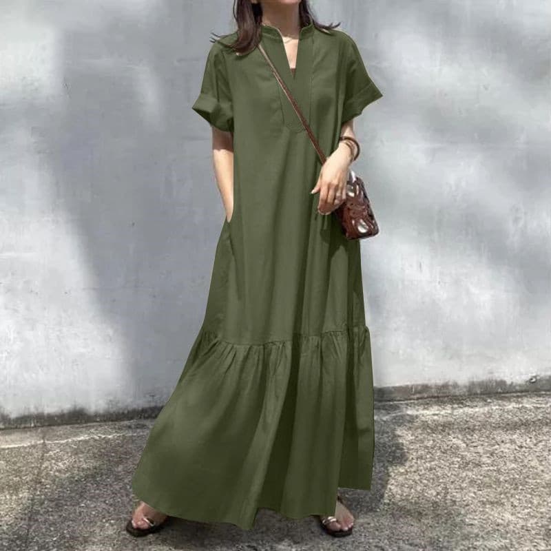 きれいめカジュアル スキッパーネック裾ティアード半袖ロングワンピース