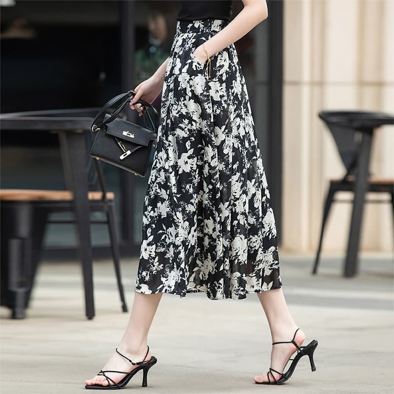 きれいめカジュアル 花柄シフォンフレアロングスカート
