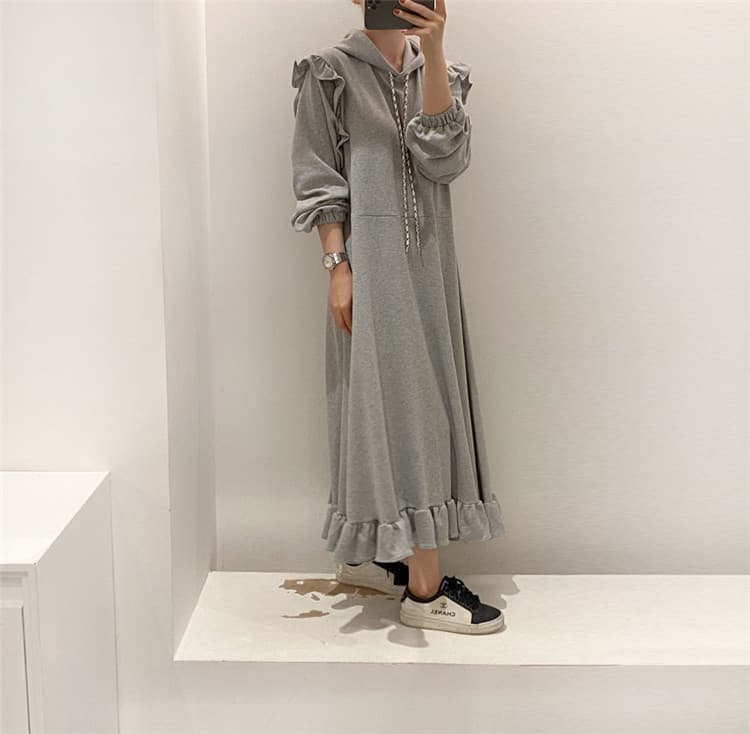 きれいめカジュアル 厚手フード付きパーカーワンピース ゆったりロング丈