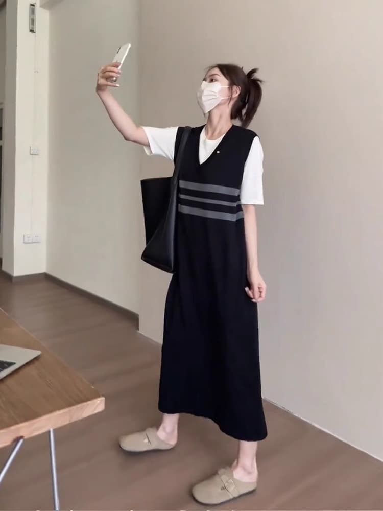 きれいめカジュアル ベスト重ね着風半袖ロング丈ワンピース