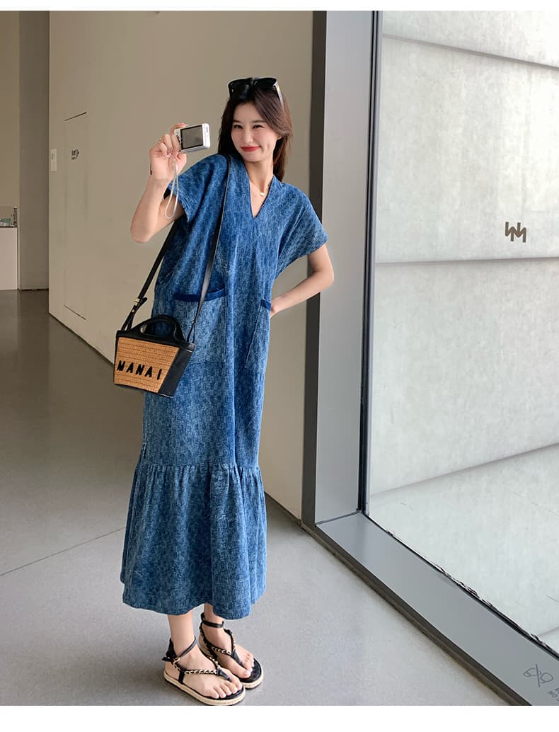きれいめカジュアル 裾ティアードデニムワンピース半袖