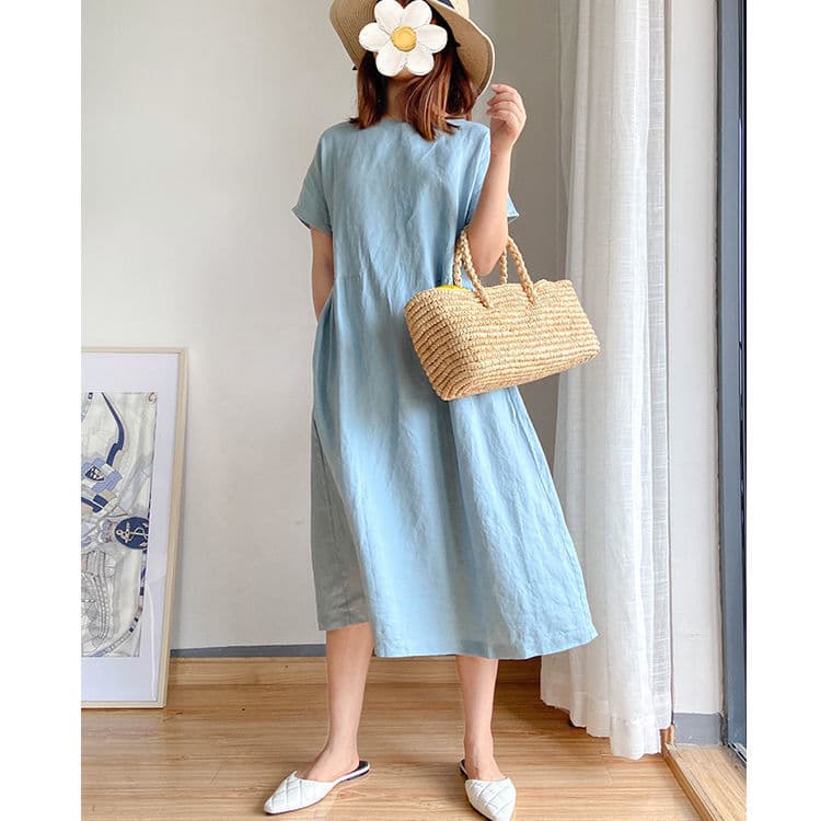 きれいめカジュアル リネン混ボートネック半袖ゆったりミディ丈ワンピース