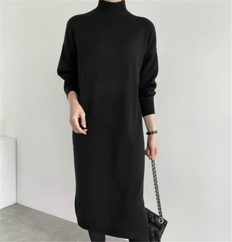 きれいめカジュアル 上品なタートルネック長袖ニットワンピース ゆったりロング丈
