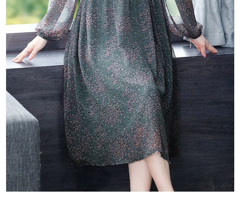 きれいめカジュアル 花柄シフォン長袖ワンピース