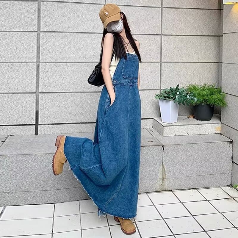 きれいめカジュアル サロペット風ロング丈デニムワンピース