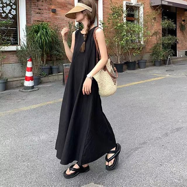 きれいめカジュアル 涼感ノースリーブロング丈ゆったりワンピース
