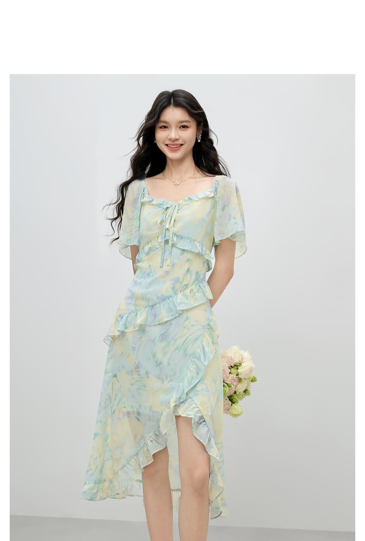 きれいめカジュアル 水彩フリル アシンメトリーワンピース