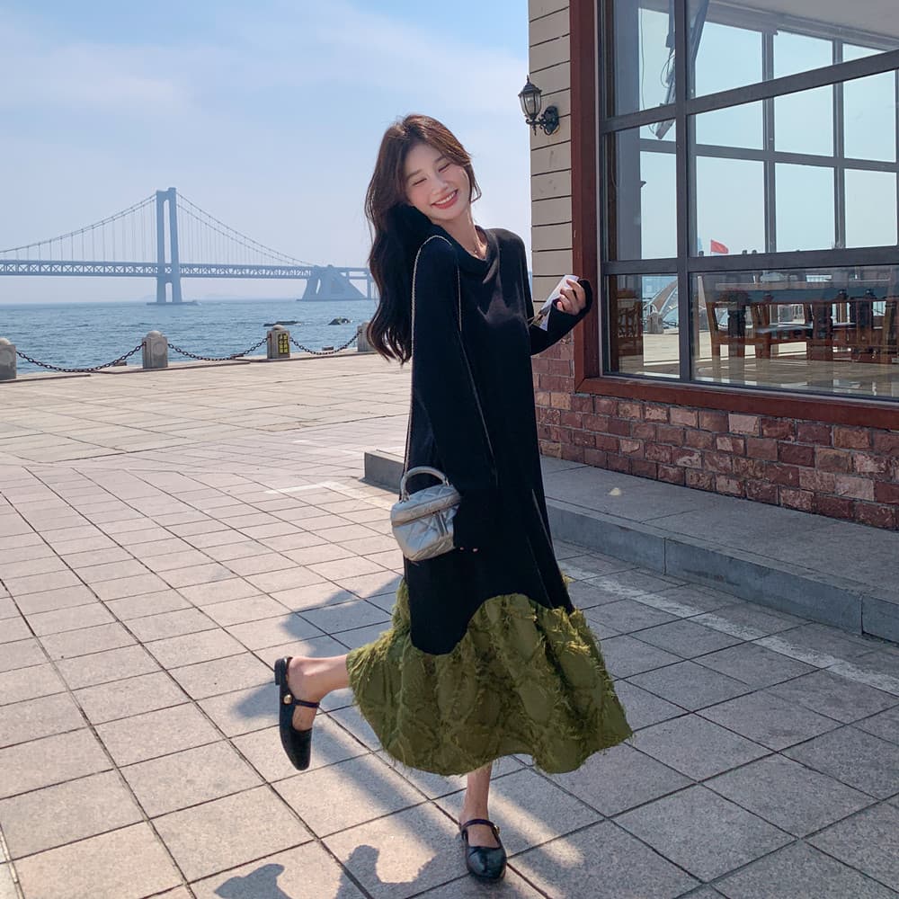 きれいめカジュアル 配色切替フリンジティアードロングワンピース