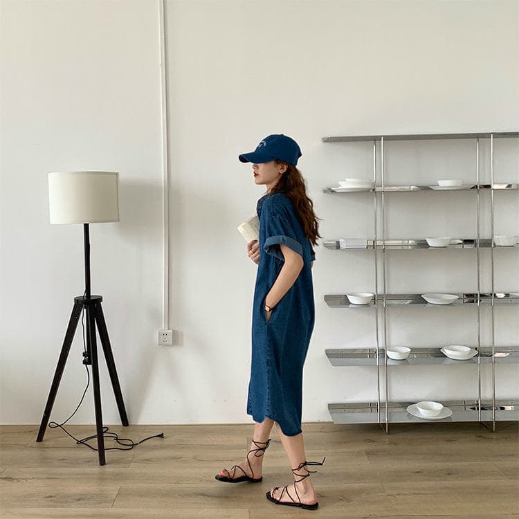 きれいめカジュアル デニムシャツワンピース半袖ミモレ丈大人可愛い休日