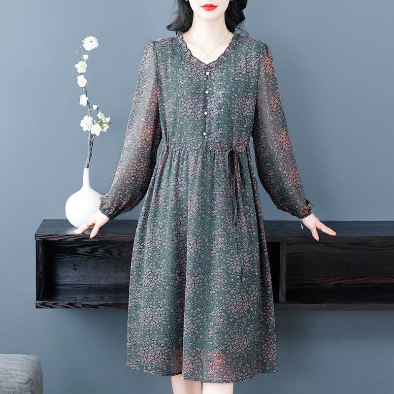 きれいめカジュアル 花柄シフォン長袖ワンピース