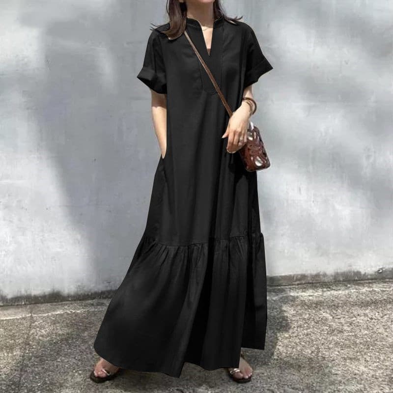 きれいめカジュアル スキッパーネック裾ティアード半袖ロングワンピース