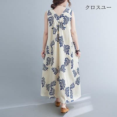 きれいめカジュアル 葉柄綿麻ノースリーブワンピース