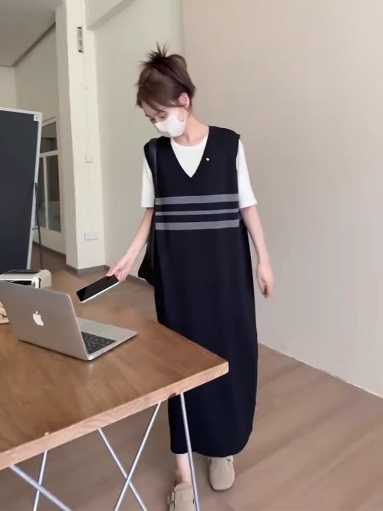 きれいめカジュアル ベスト重ね着風半袖ロング丈ワンピース