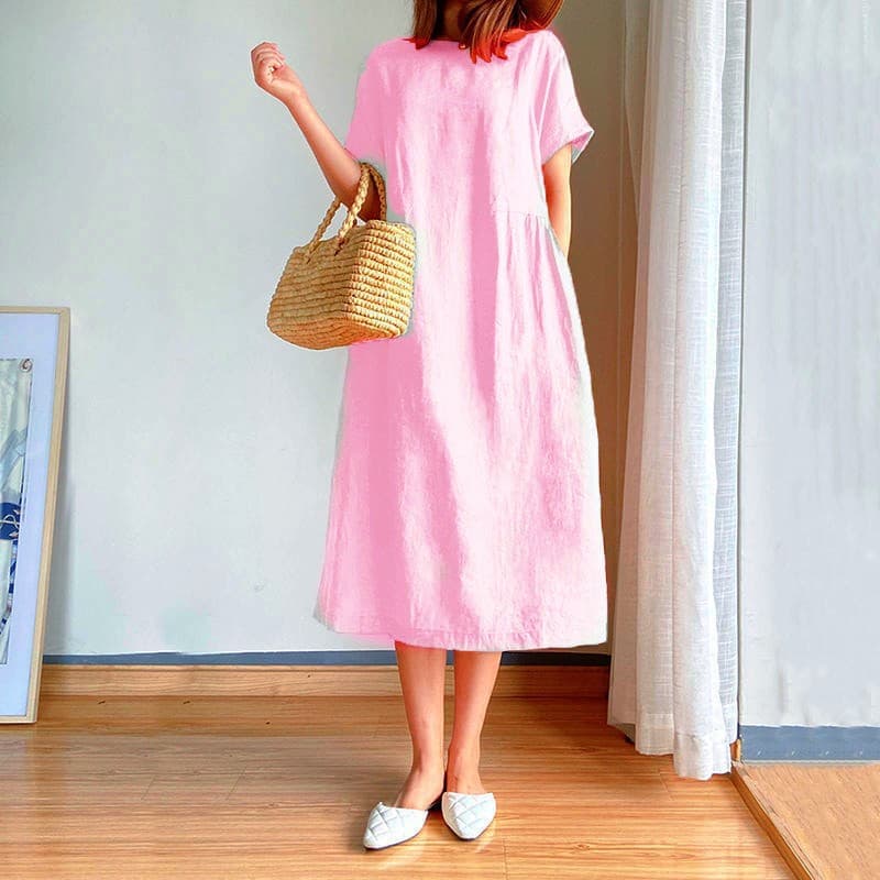 きれいめカジュアル リネン混ゆったりボートネック半袖ワンピース