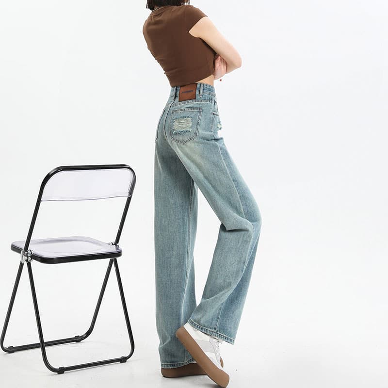 きれいめカジュアル ゆったりハイウエストワイドストレートデニムパンツ