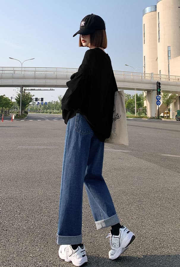 きれいめカジュアル レディース ハイウエスト ゆったり デニム ワイド パンツ