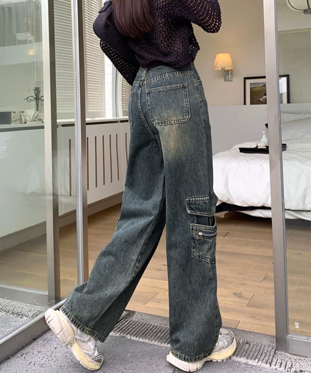 きれいめカジュアル レディース ヴィンテージ デニム カーゴパンツ ワイド