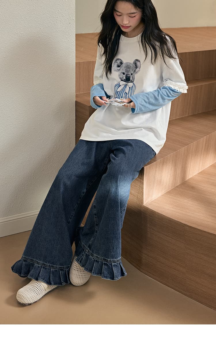 きれいめカジュアル 裾フリル付きワイドストレート長ズボン