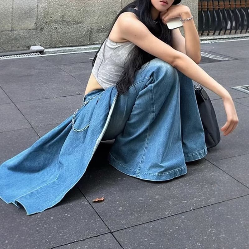 きれいめカジュアル レイヤード デニム ワイドパンツ 重ね着風 ボトムス