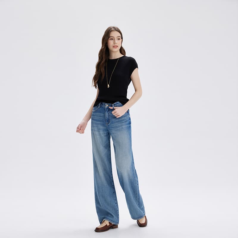 きれいめカジュアル ハイウエストワイドストレートデニムパンツ