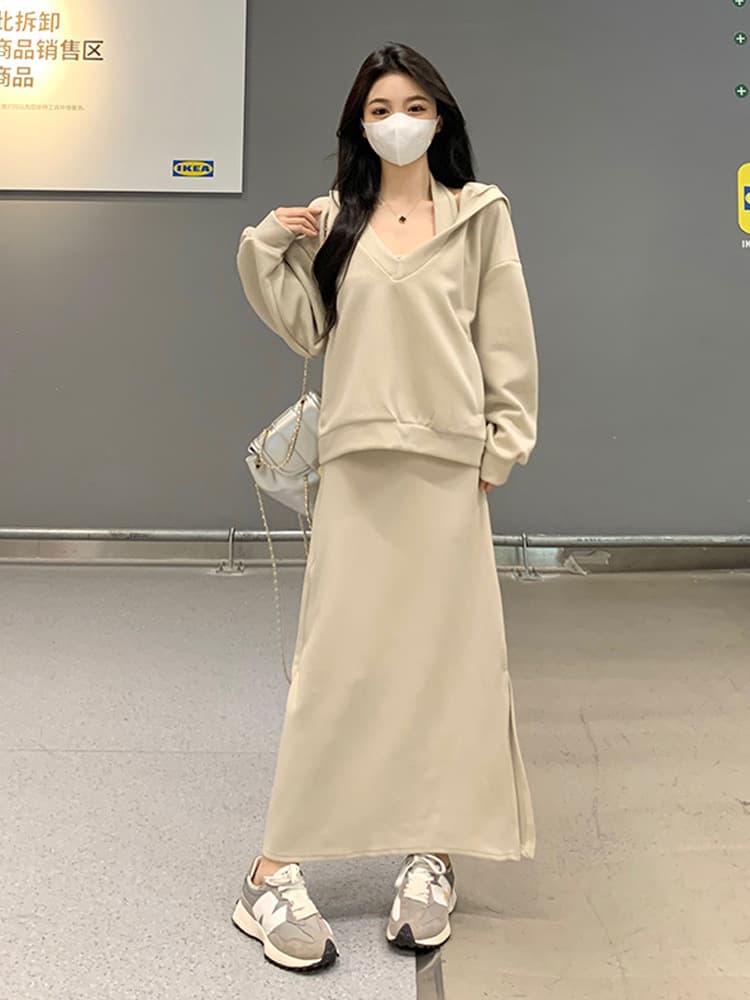 きれいめカジュアル 深Vネック リブ編み フーディー