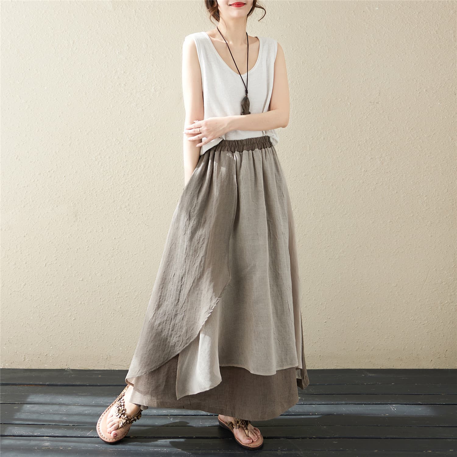 きれいめカジュアル 重ね着風ナチュラル麻混不規則裾丈ロングスカート