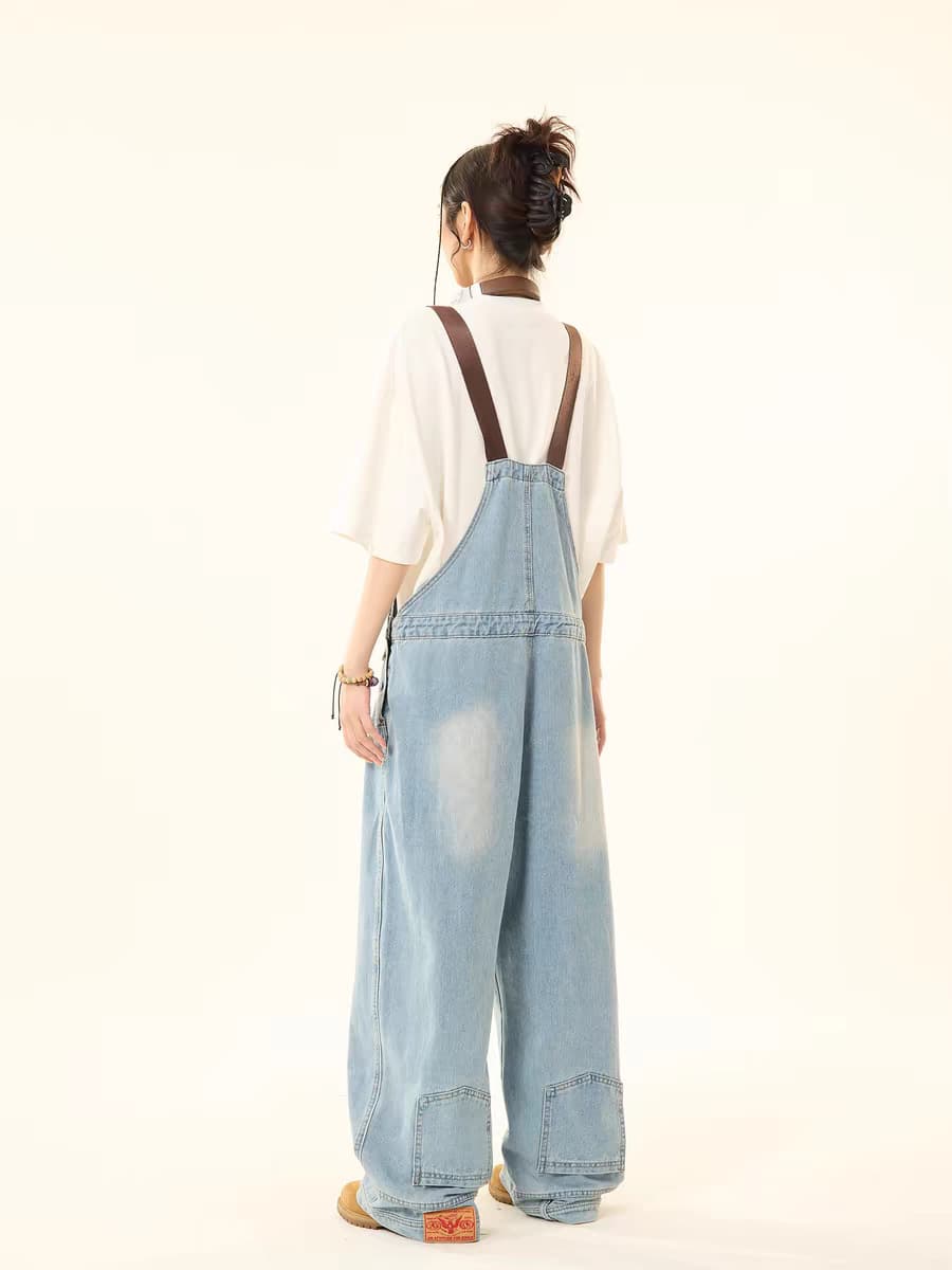 きれいめカジュアル 配色サスペンダー付きワイドデニムオーバーオール