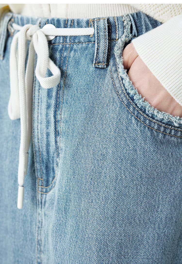 きれいめカジュアル ゆったり紐付きロングデニムスカート