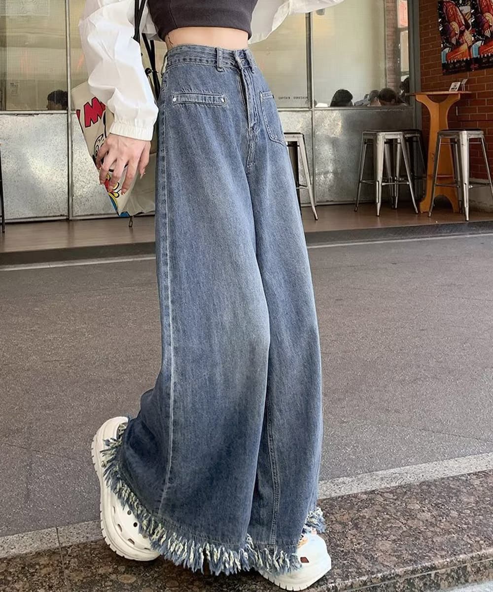 きれいめカジュアル 裾フリンジ ワイドデニムパンツ 美脚