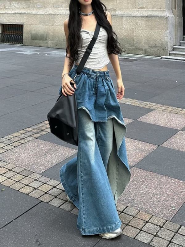 きれいめカジュアル レイヤード デニム ワイドパンツ 重ね着風 ボトムス