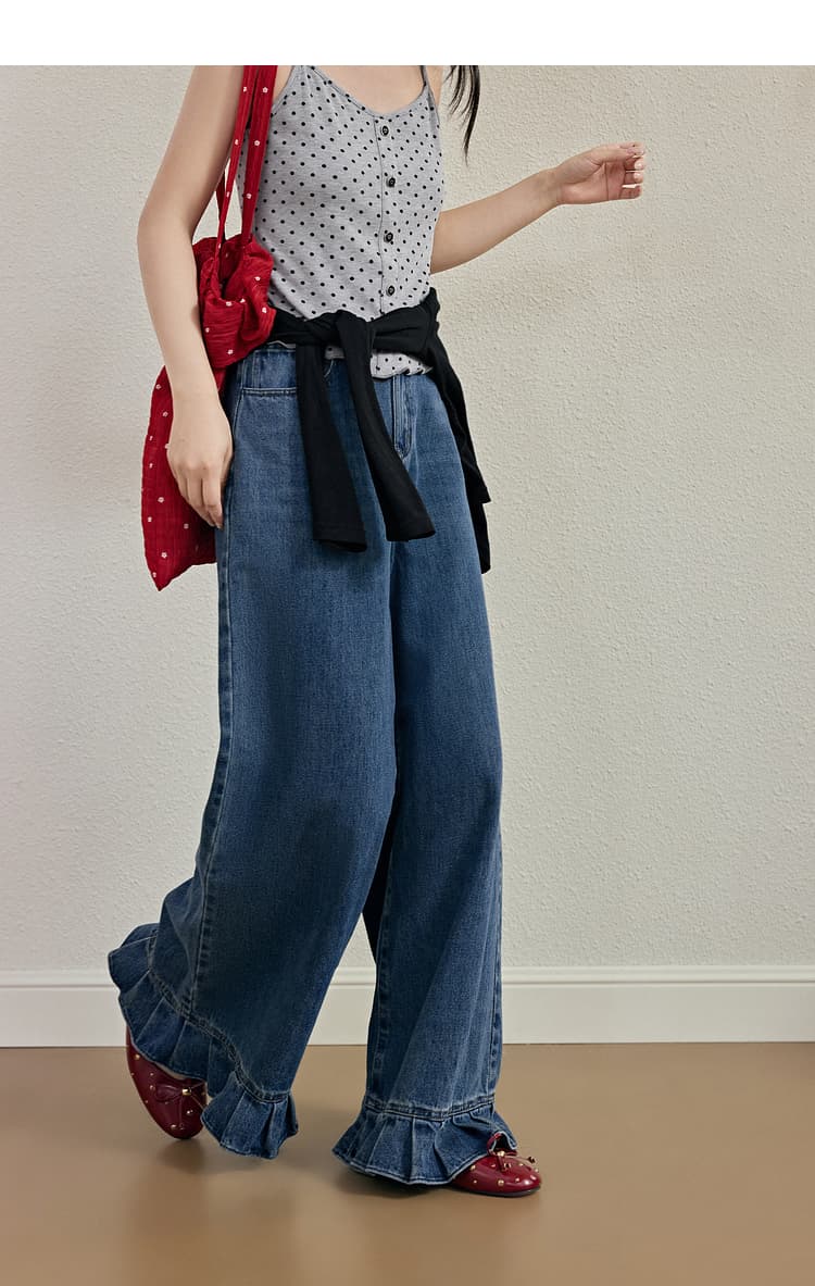 きれいめカジュアル 裾フリル付きワイドストレート長ズボン