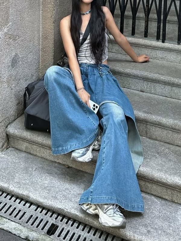きれいめカジュアル レイヤード デニム ワイドパンツ 重ね着風 ボトムス