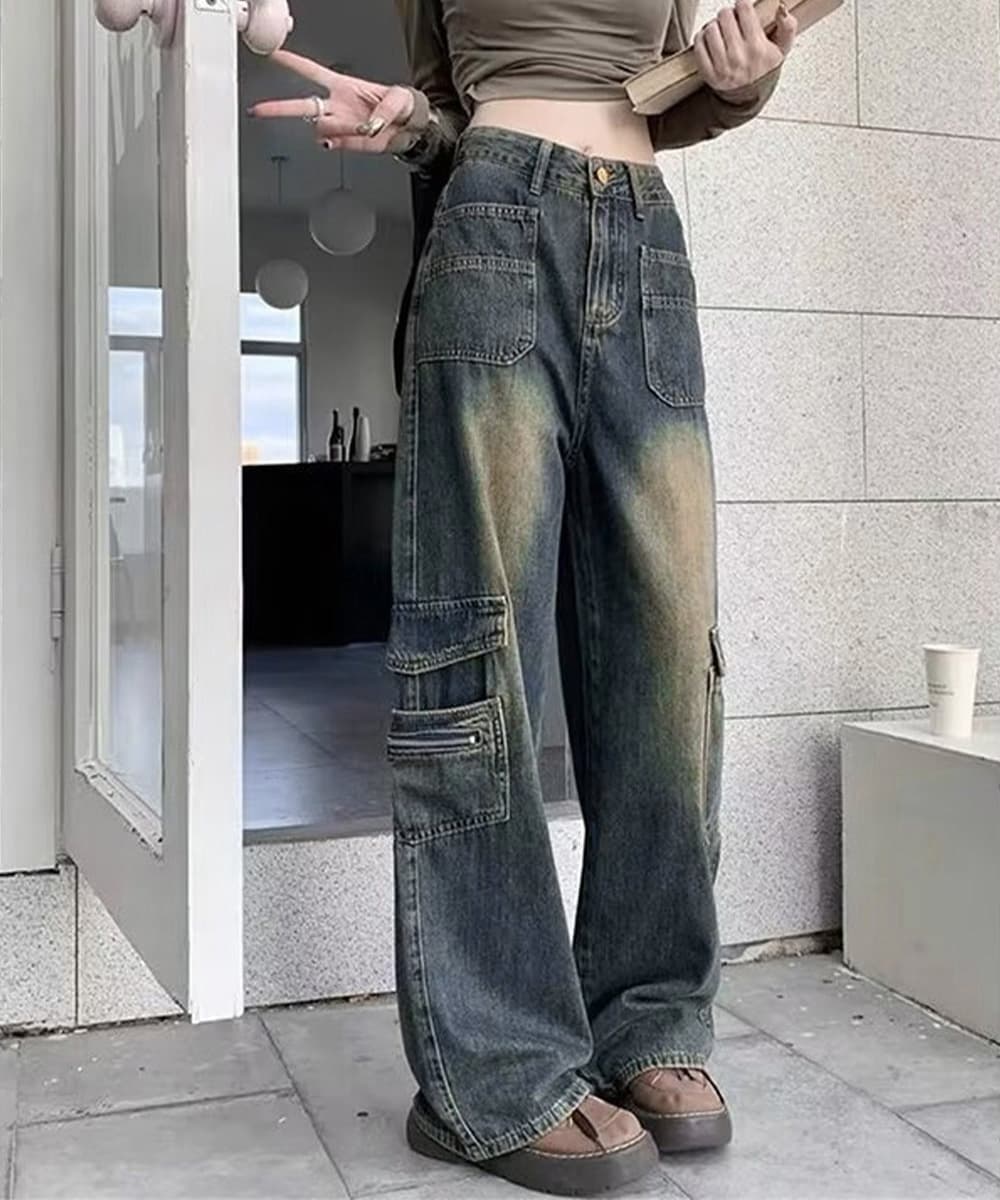 きれいめカジュアル レディース ヴィンテージ デニム カーゴパンツ ワイド